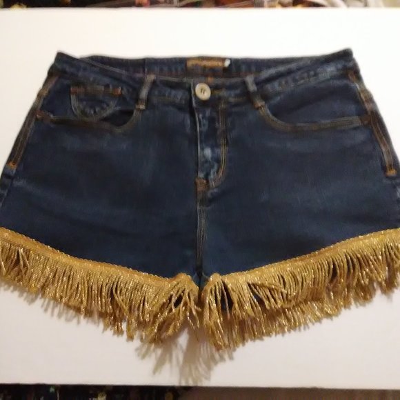 Crissa Gold Fringe Denim Shorts Size 32 Waist - Picture 1 of 4